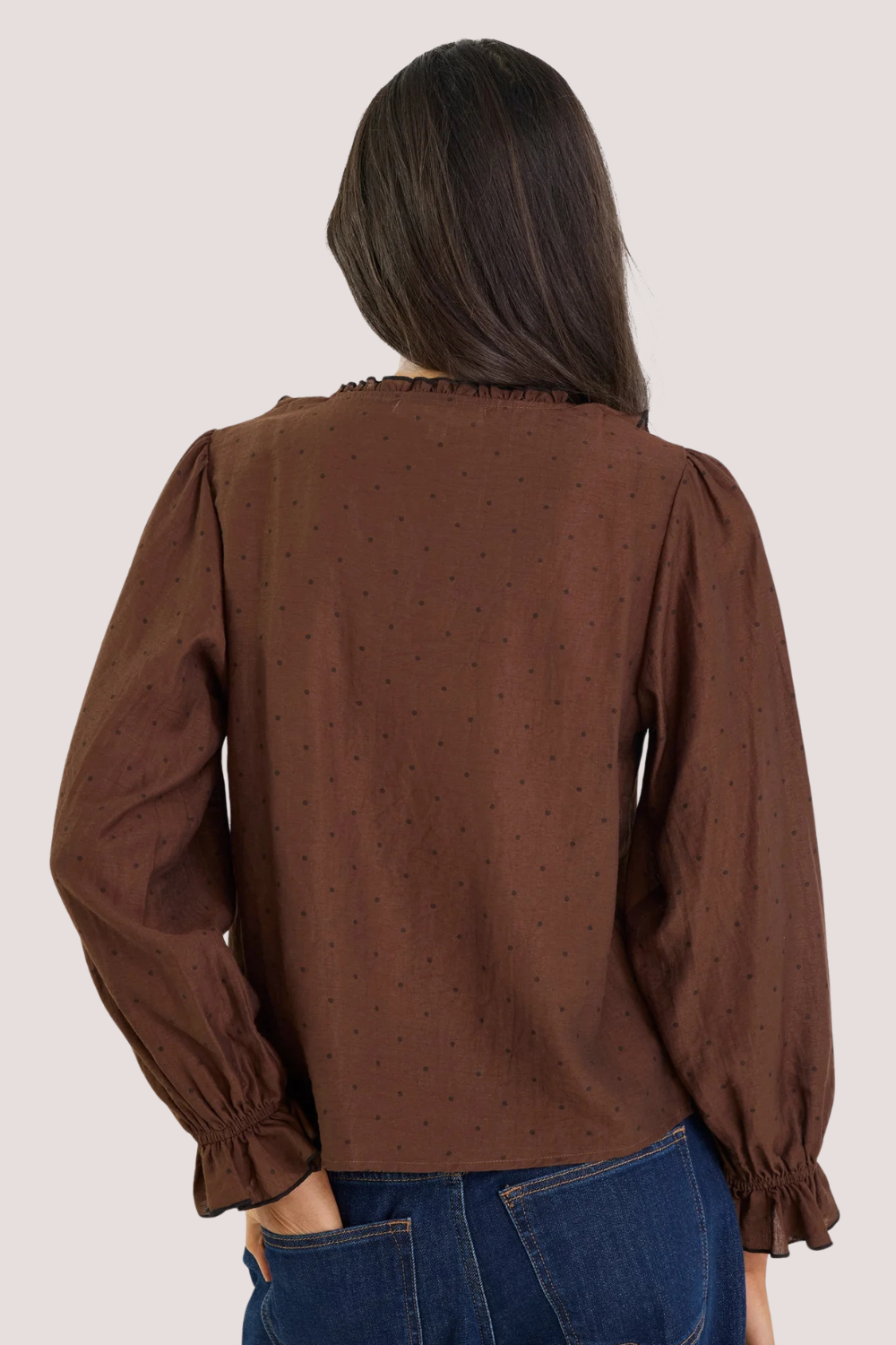 Decorate Chocolate Black Polka Dot Frill Front Mid Sleeve Top