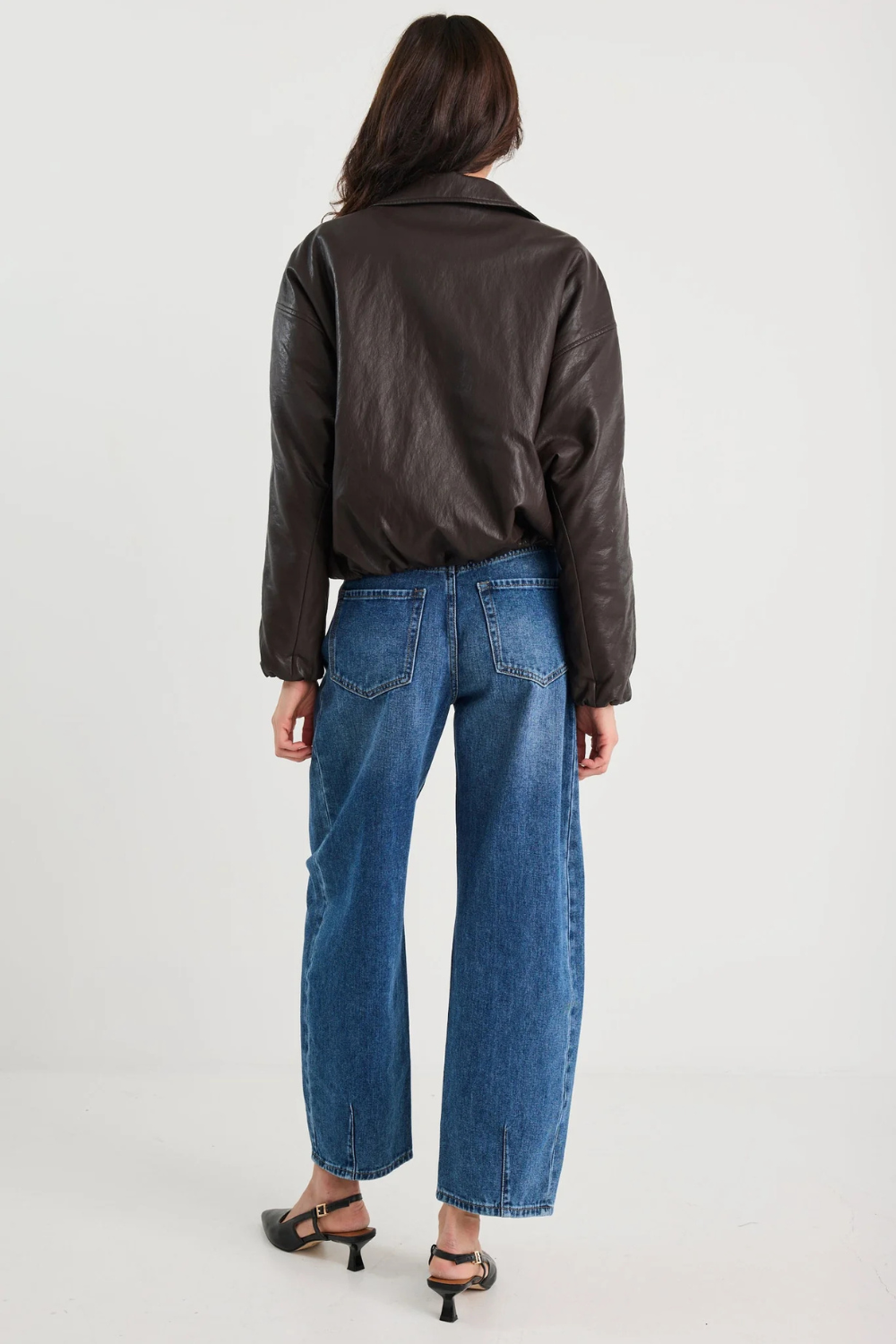Troupe Chocolate PU Leather Zip Through Bubble Hem Bomber Jacket