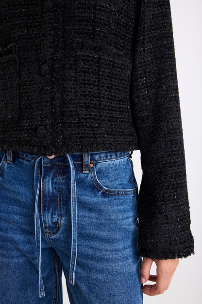 Honoured Black Texture Tweed Buttoned Jacket