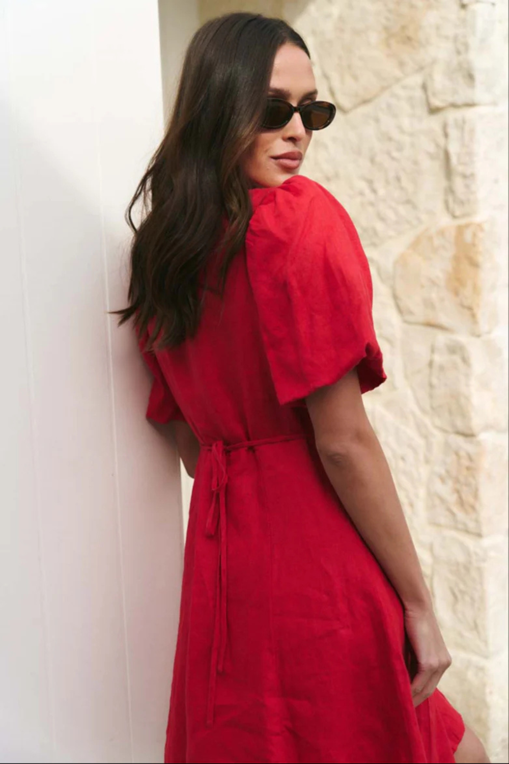 Adelaide Cherry Linen Puff Sleeve Panelled Mini Dress