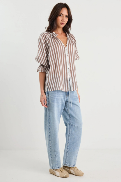 Noetic Chocolate Stripe Short Sleeve Blouse