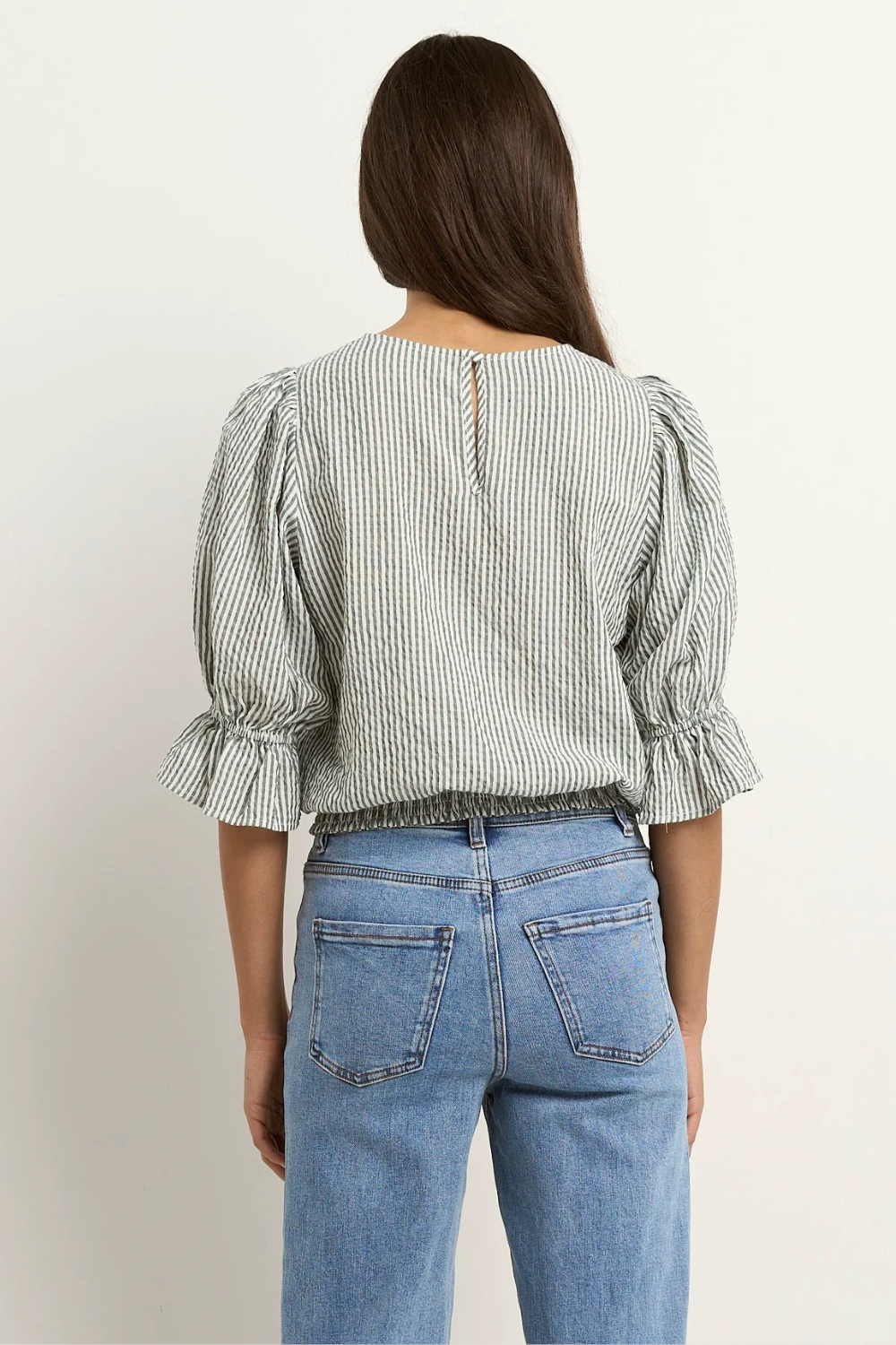 Lovely Khaki Stripe Shirred Back SS Top