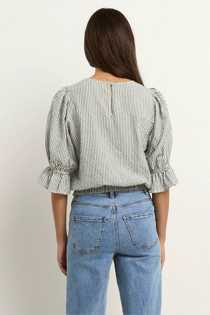 Lovely Khaki Stripe Shirred Back SS Top