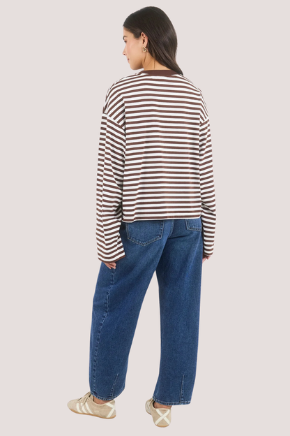 Unite Chocolate White Stripe Long Sleeve Contrast Binding Tee
