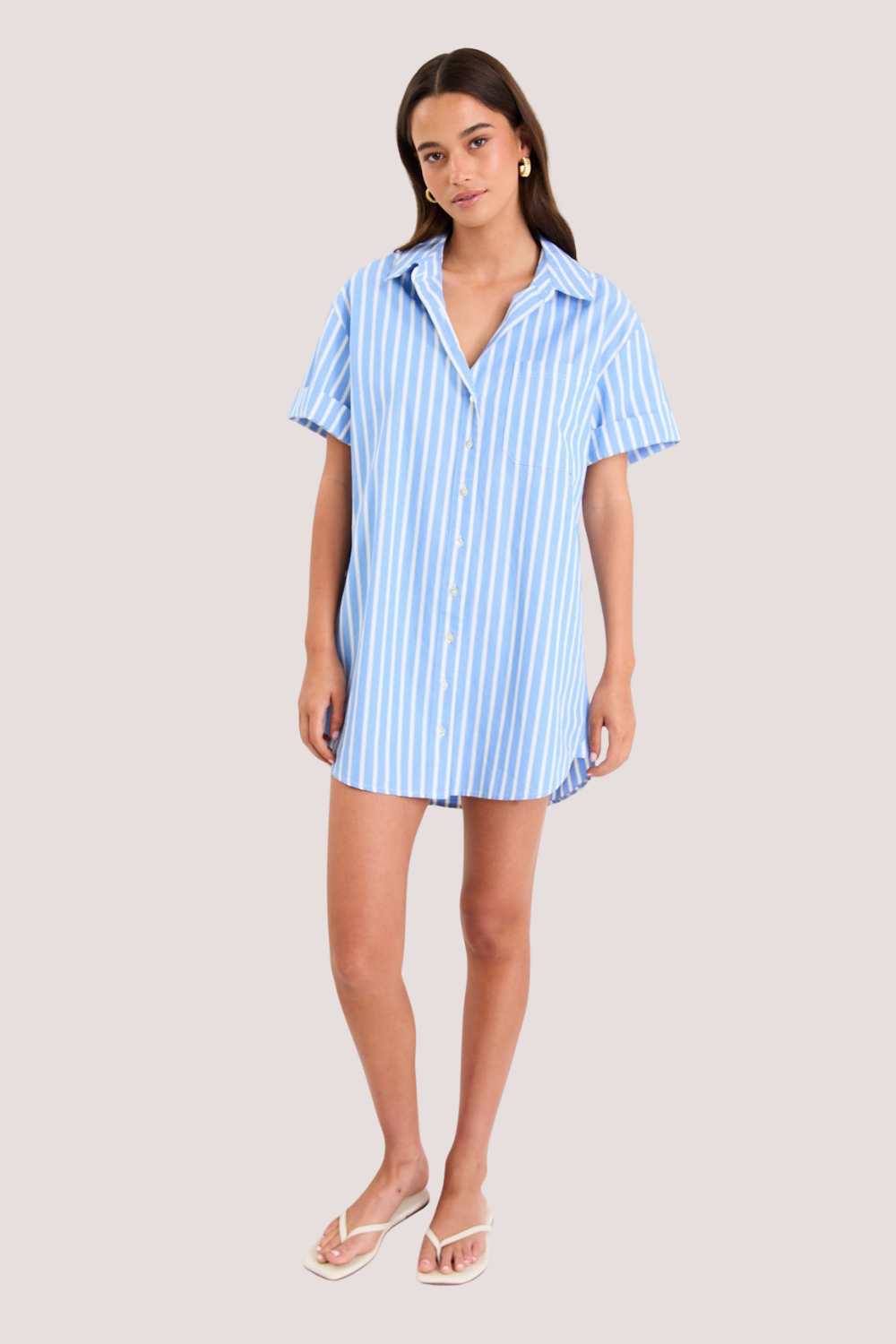 Mykonos Blue Stripe Short Sleeves Mini Shirt Dress