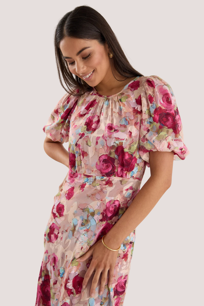 Exquisite Painted Rose Puff Sleeve Midi Dress