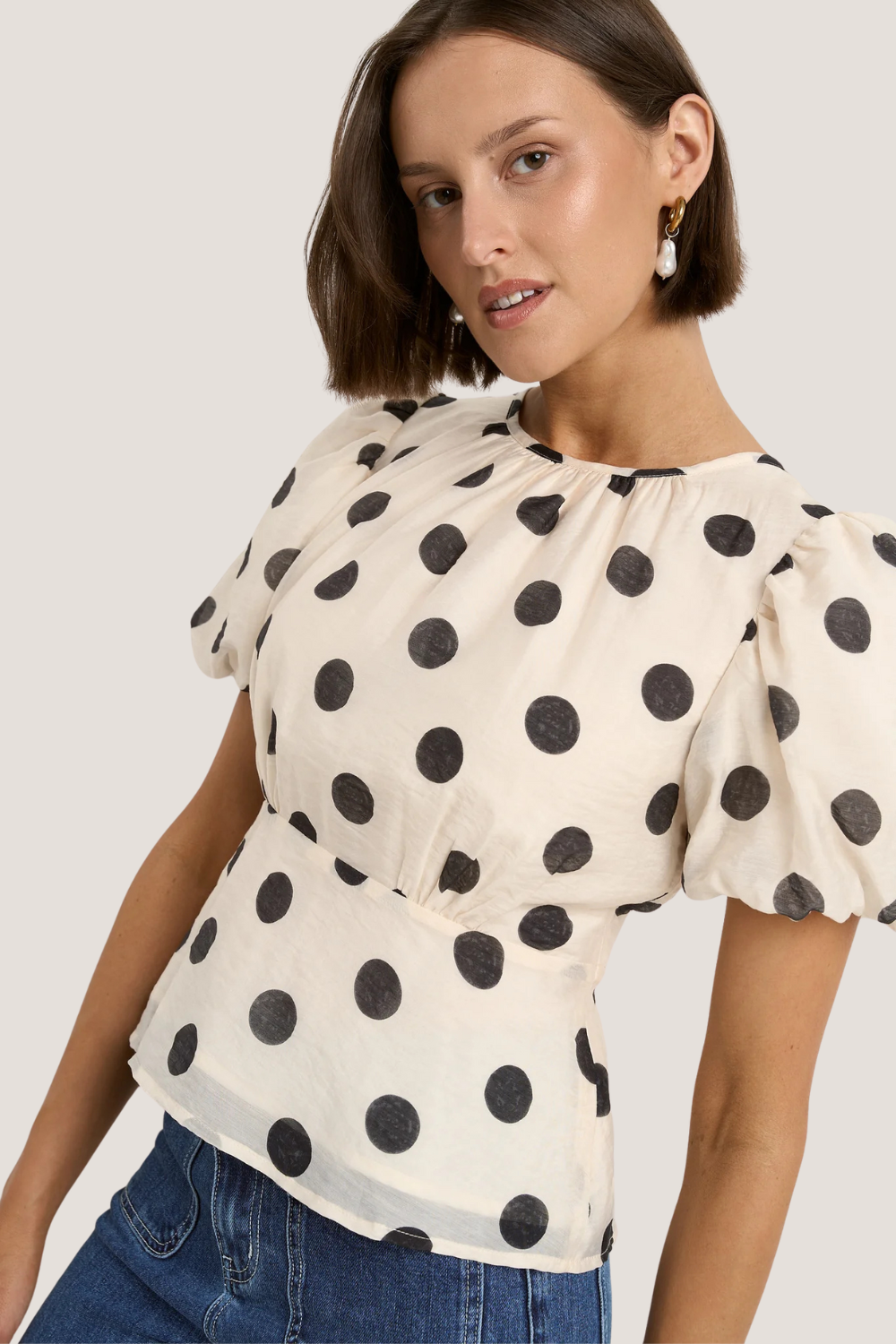 Finali Cream Black Polka Dot Puff Short Sleeve Top