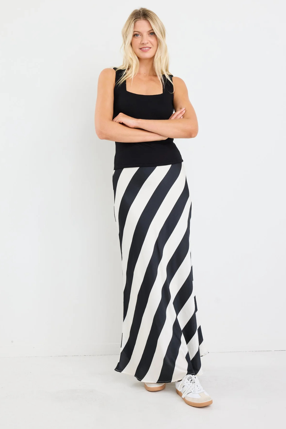 Fiery Black White Stripe Satin Bias Maxi Skirt