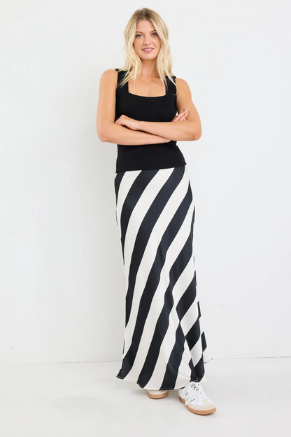Fiery Black White Stripe Satin Bias Maxi Skirt