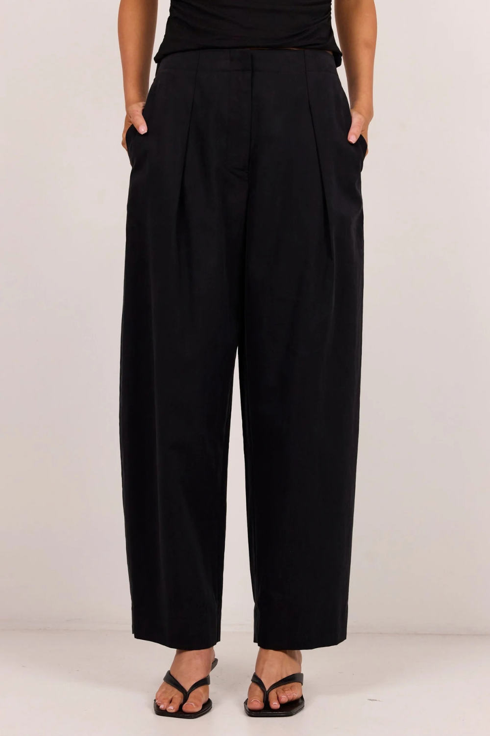 Manifesto Black Front Pleat Barrel Leg Pants