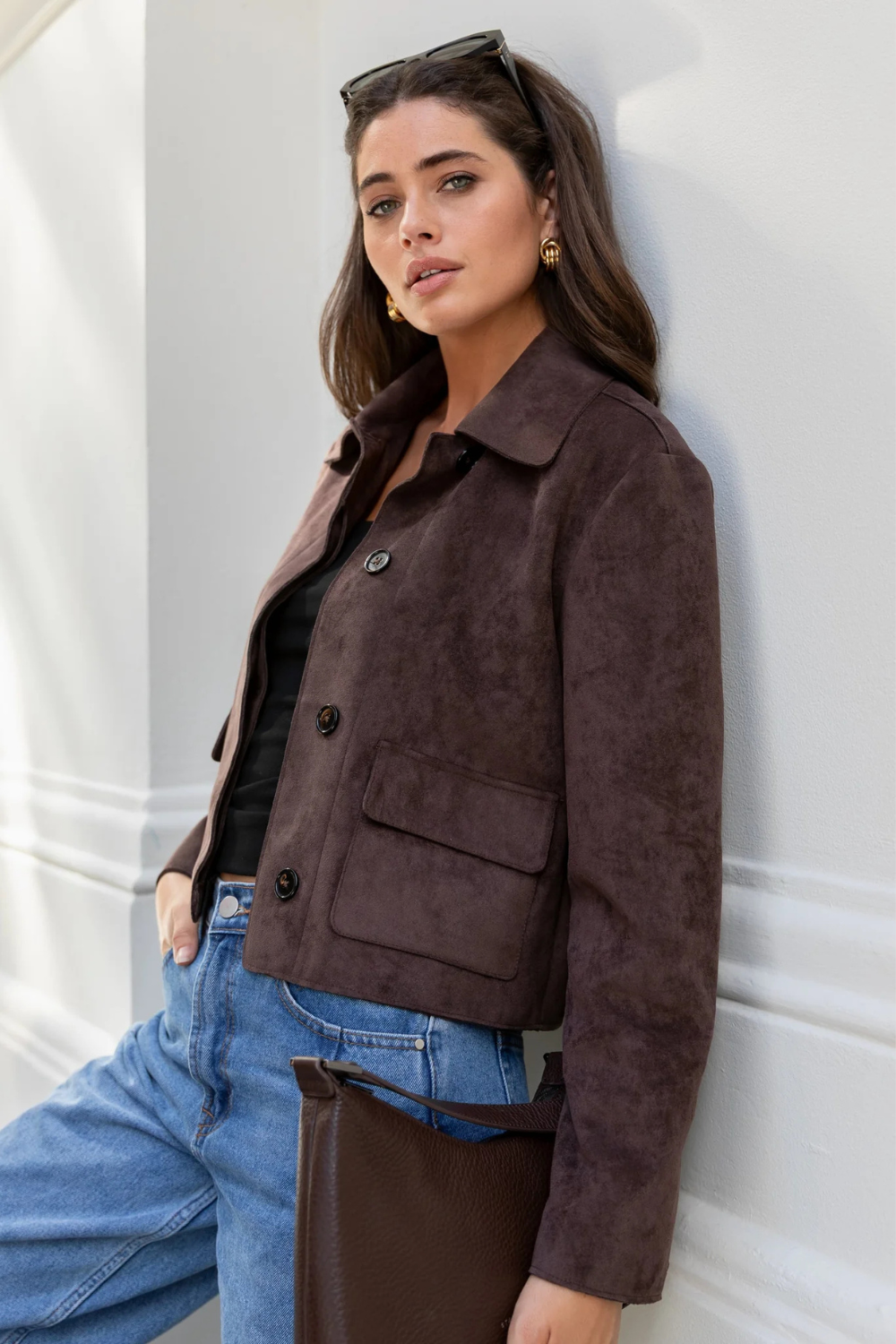 Exhibit Chocolate Faux Suede Button Front Cropped Jacket