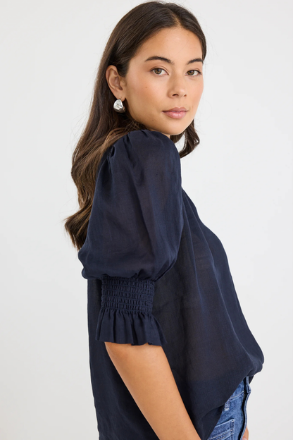 Verse Navy Sheer High Neck Short Sleeve Top