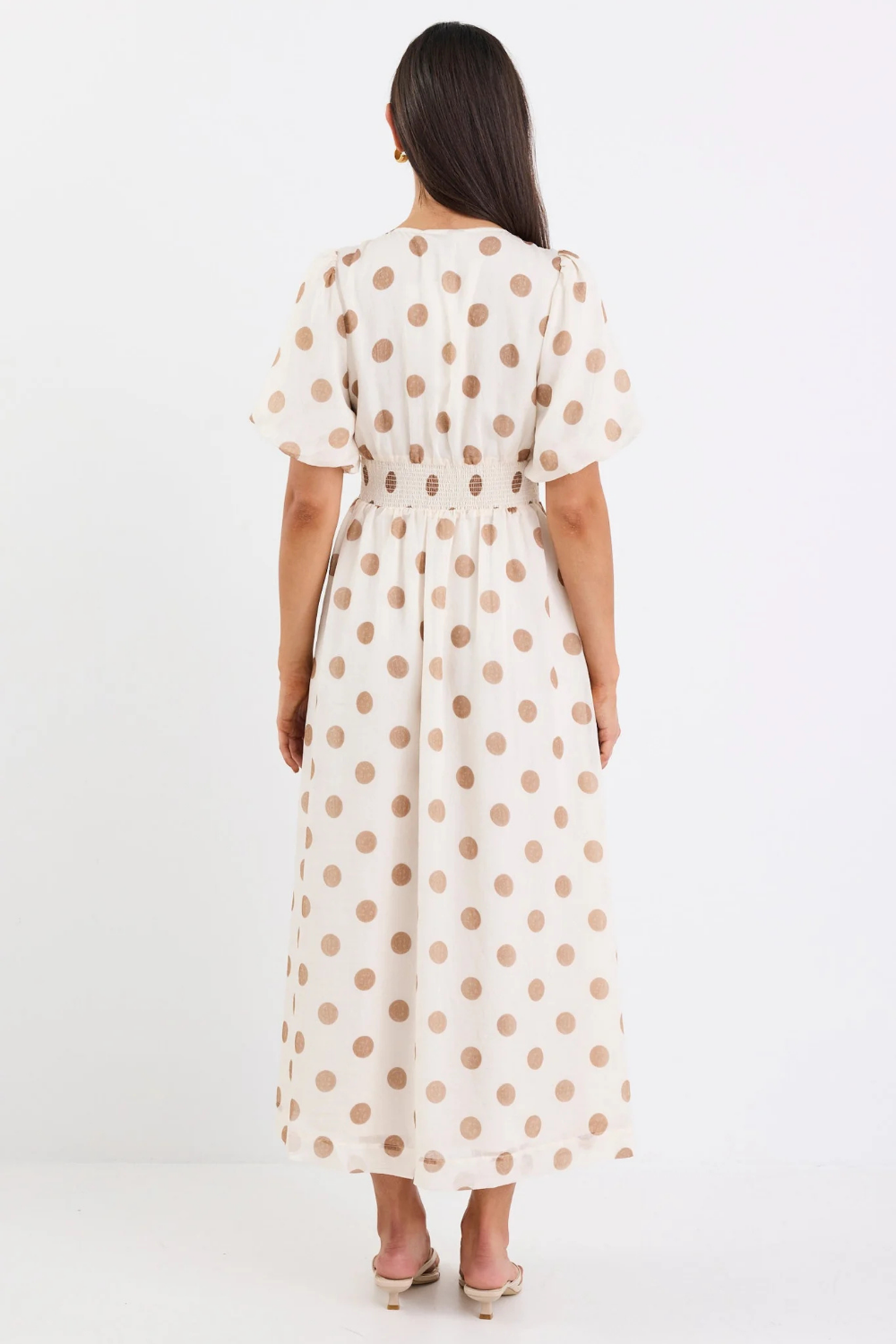 Lisbon Copper Polka Dot Puff Sleeve Midi Dress