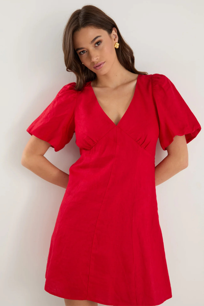 Adelaide Cherry Linen Puff Sleeve Panelled Mini Dress
