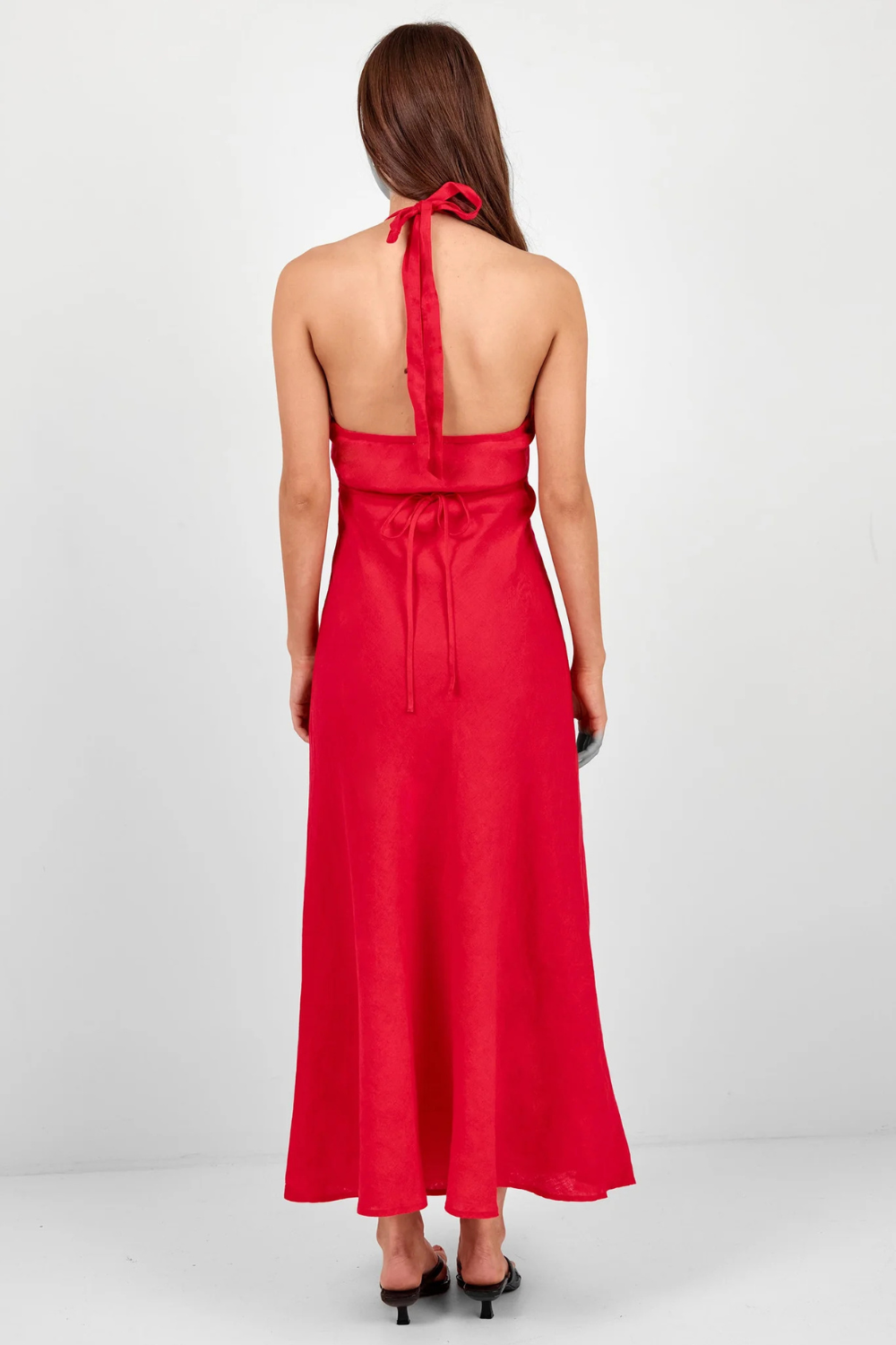 Southern Red Linen Tie Neck Halter Maxi Dress