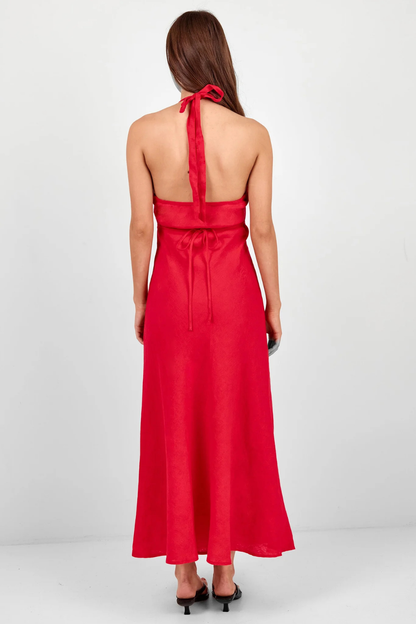 Southern Red Linen Tie Neck Halter Maxi Dress