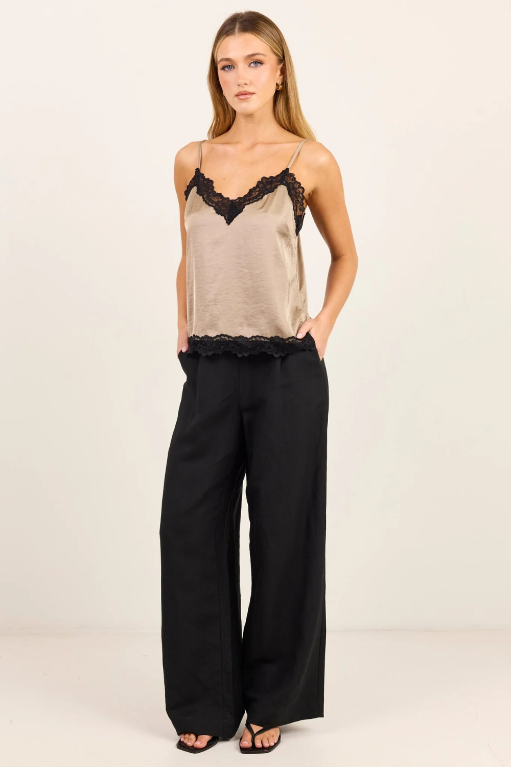 Nocturne Taupe Satin Lace Trim Cami