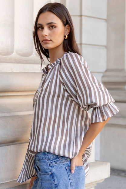 Noetic Chocolate Stripe Short Sleeve Blouse