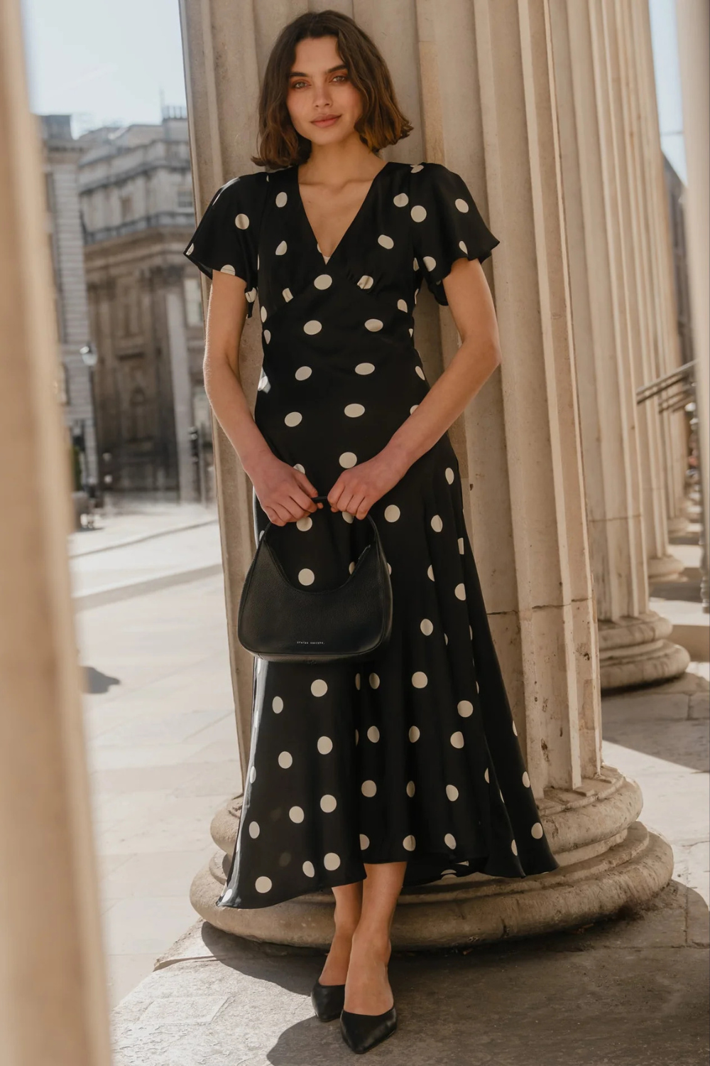 Chariot Black Polka Dot Bias Flutter Sleeve Maxi Dress