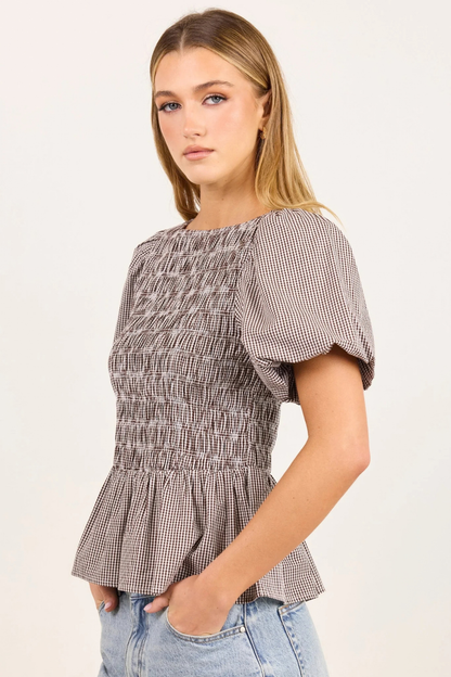 Artifact Chocolate Mini Gingham Shirred Bubble Sleeve Top