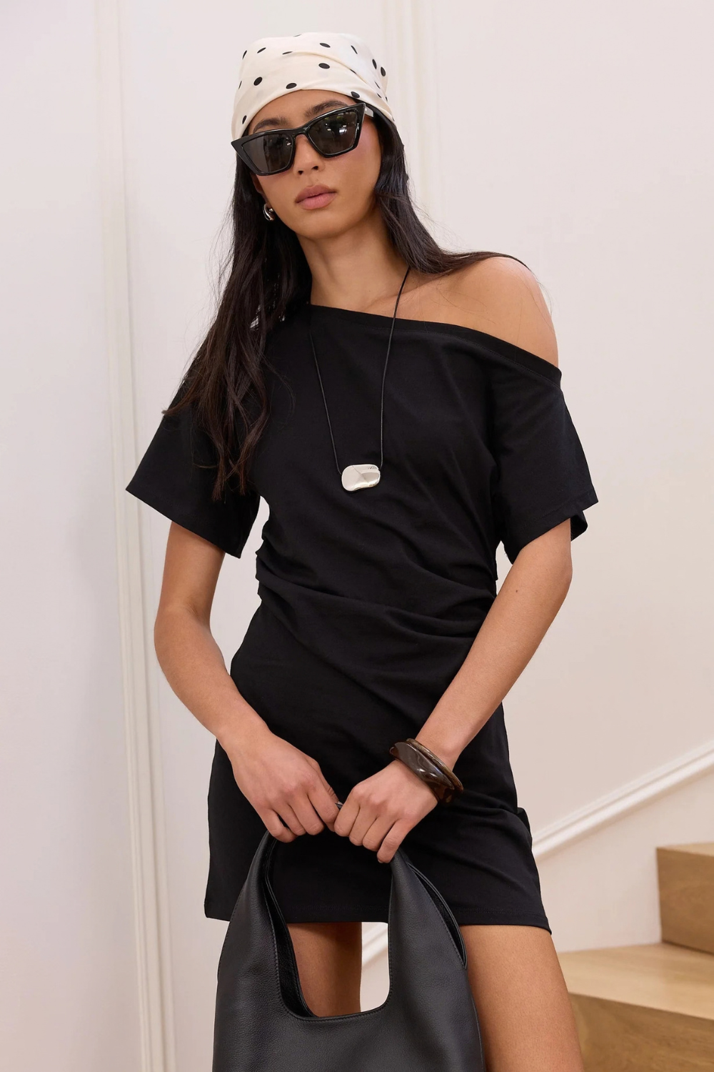 Chatter Black Ruched Mini Tee Shirt Dress