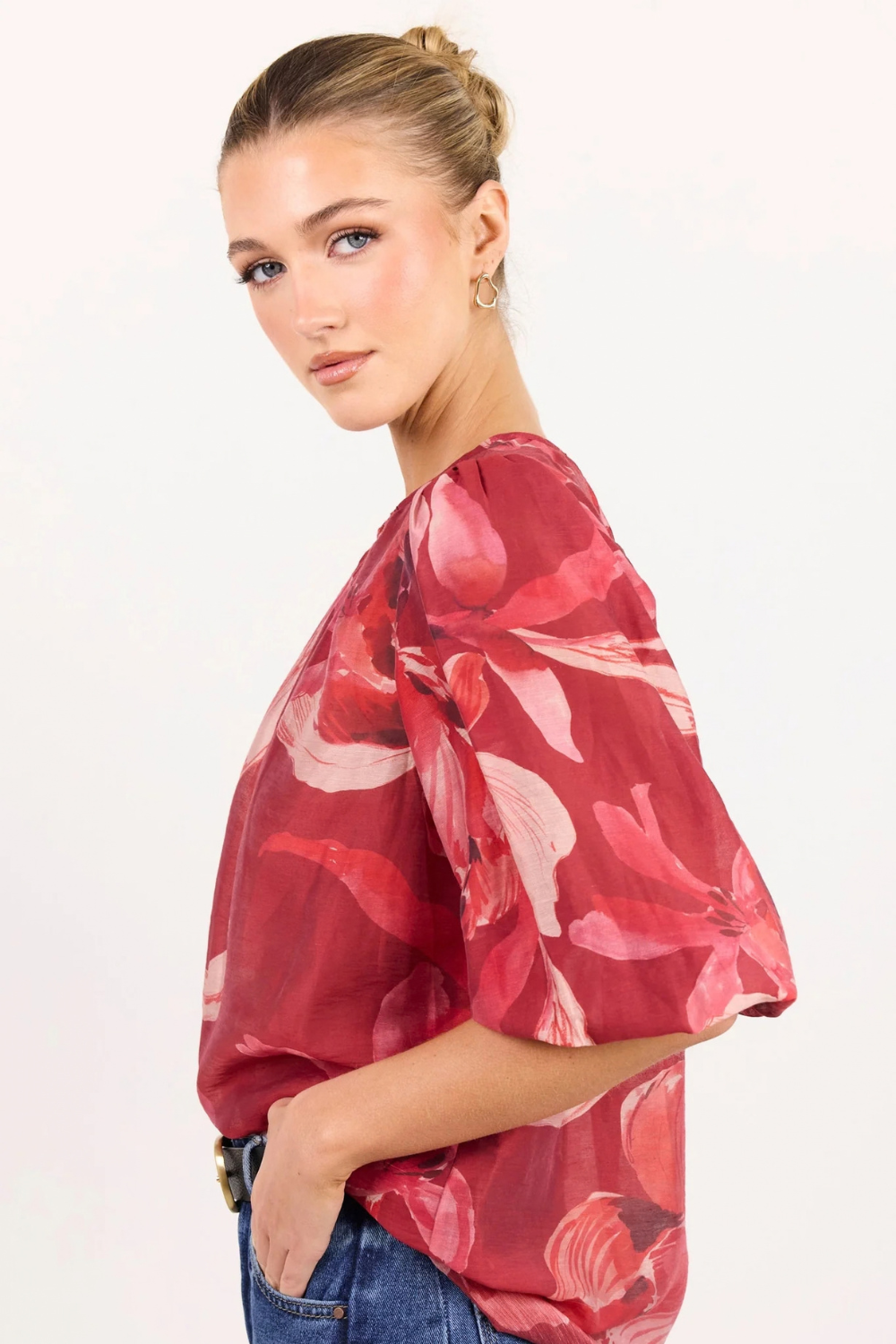 Sincere Large Red Peony Shirred Back SS Top