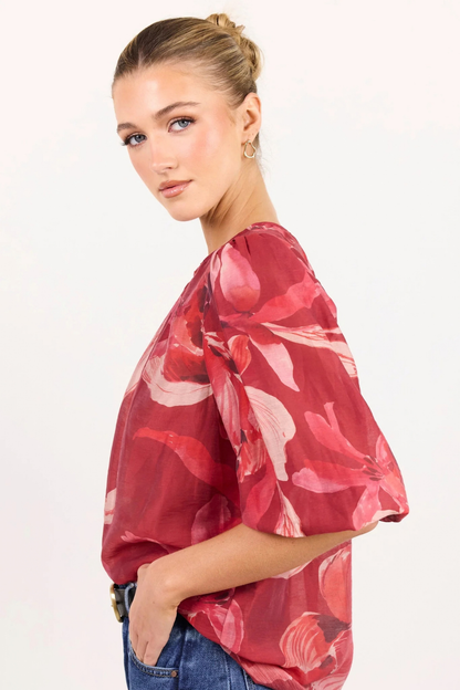 Sincere Large Red Peony Shirred Back SS Top