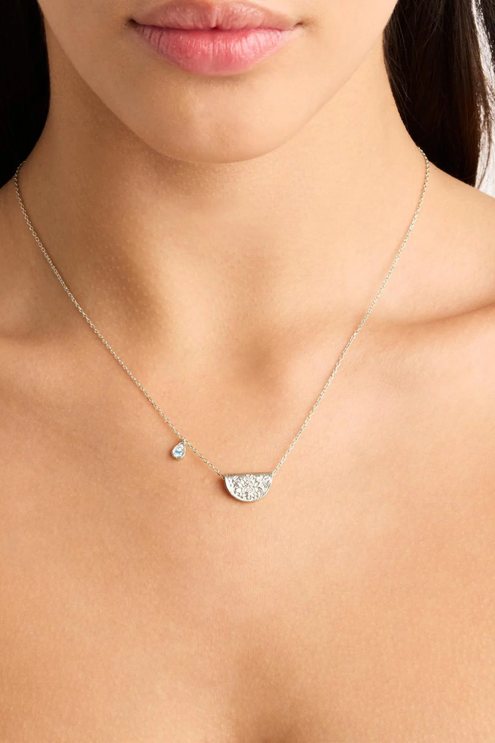 Sterling Silver Lotus Birthstone Necklace - March - Aquamarine