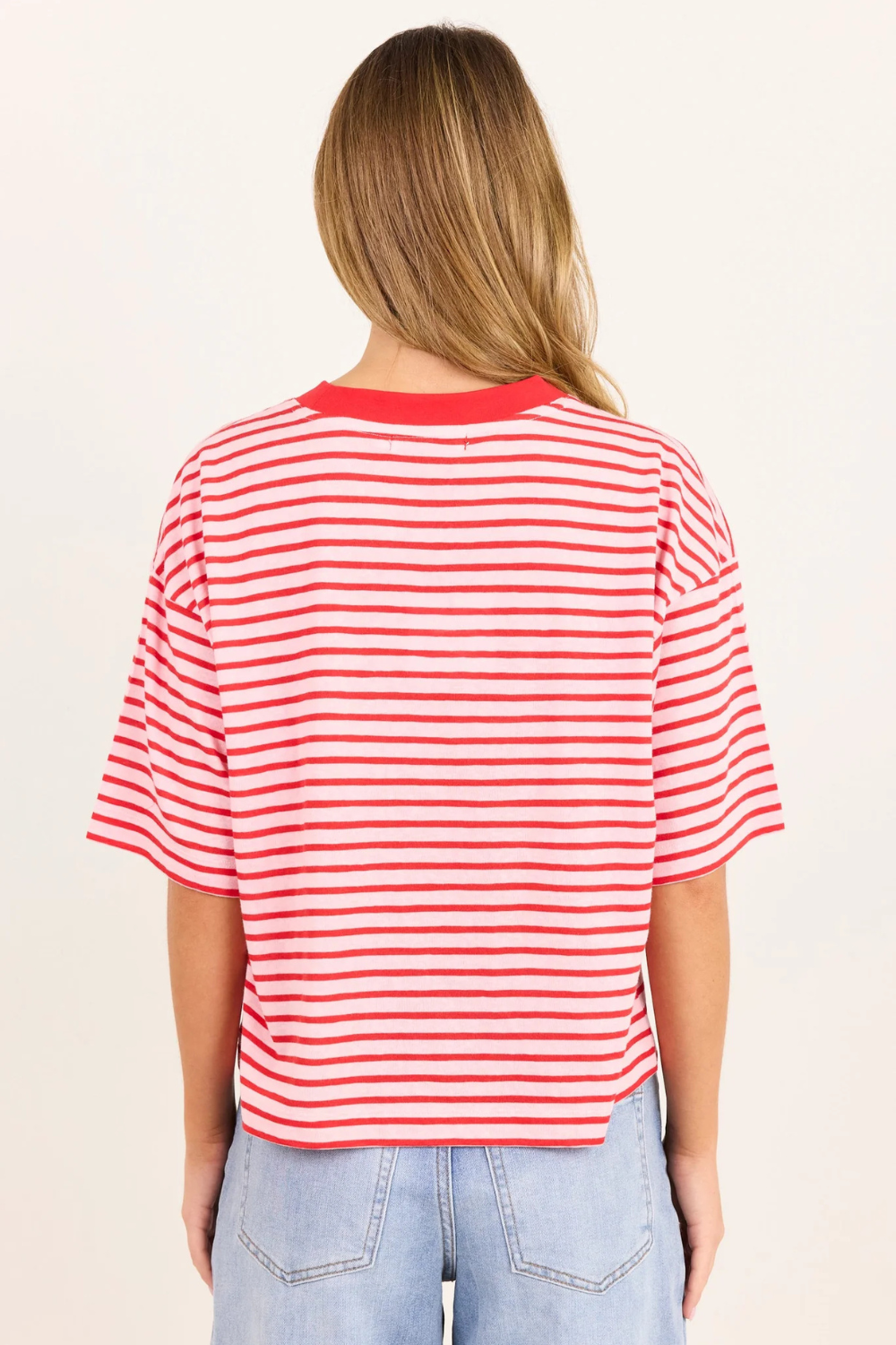 Cohesion Pink Red Stripe Oversized Contrast Binding Boxy SS Tee