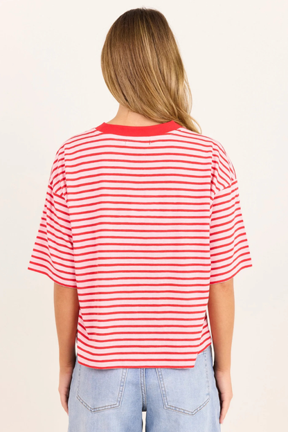 Cohesion Pink Red Stripe Oversized Contrast Binding Boxy SS Tee