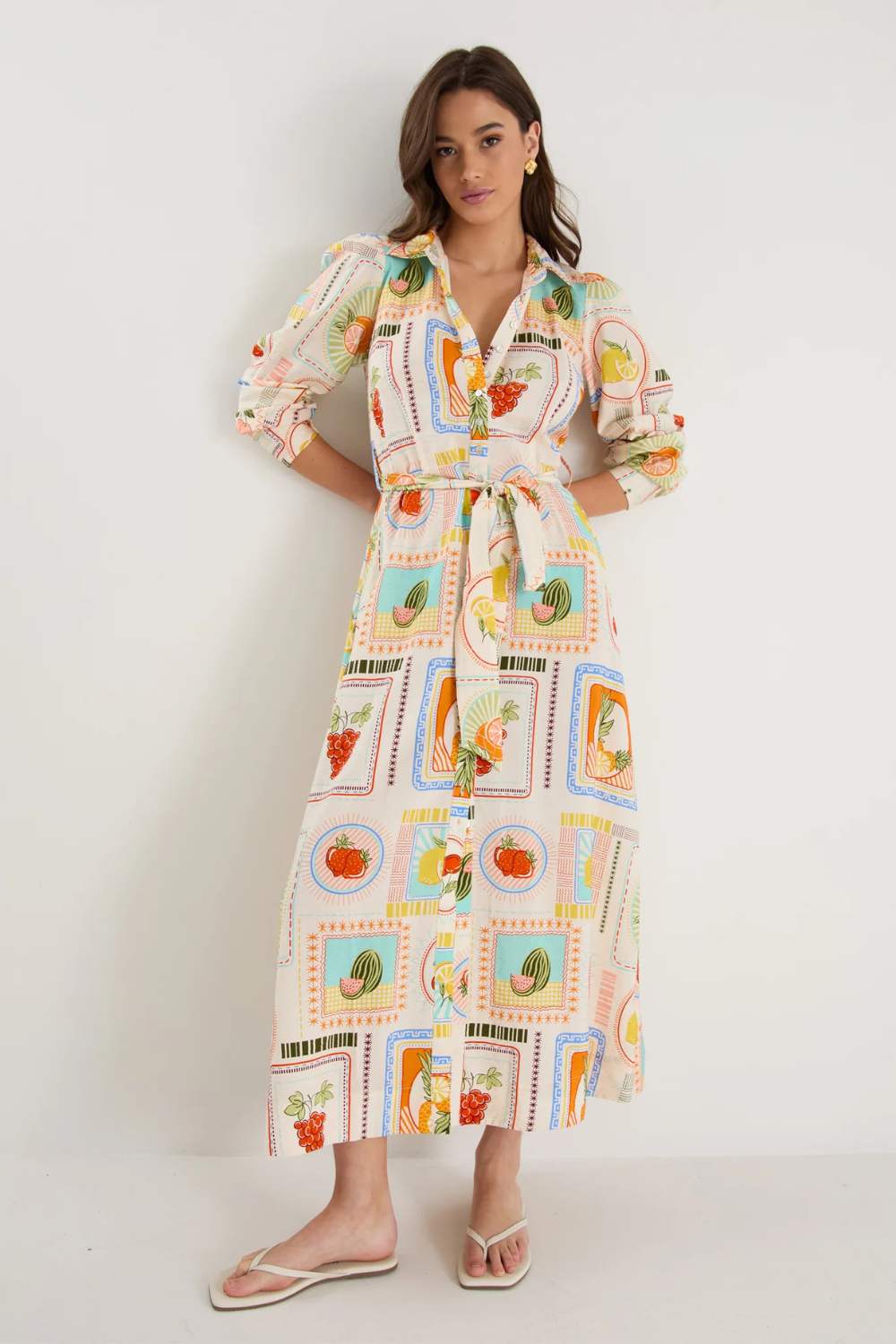 Sentiment Tropical Postcard Long Sleeve Maxi Shirt Dress