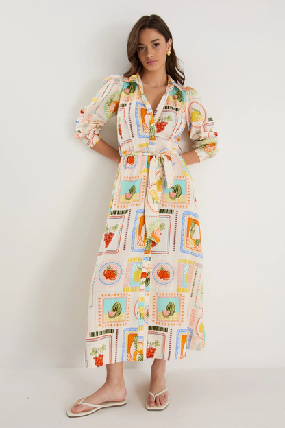 Sentiment Tropical Postcard Long Sleeve Maxi Shirt Dress