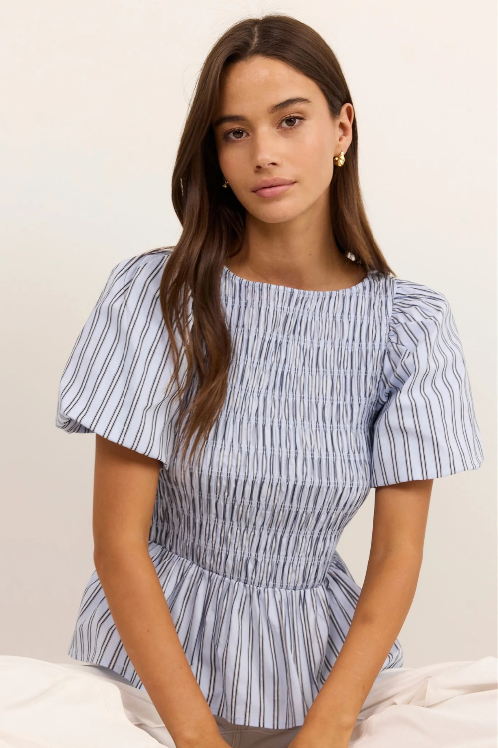 Artifact Pale Blue Stripe Shirred Bubble Sleeve Top