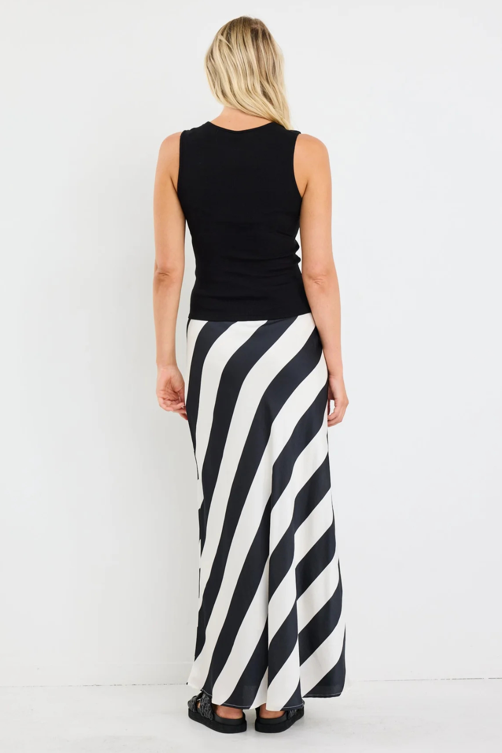 Fiery Black White Stripe Satin Bias Maxi Skirt