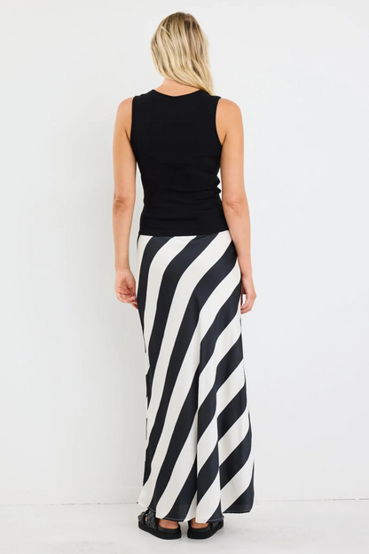 Fiery Black White Stripe Satin Bias Maxi Skirt