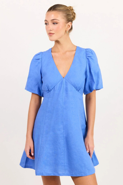 Adelaide Blue Linen Puff Sleeve Panelled Mini Dress