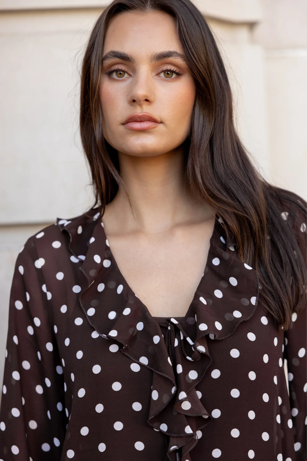 Bohemian Chocolate Polka Dot Sheer Frill Front Blouse