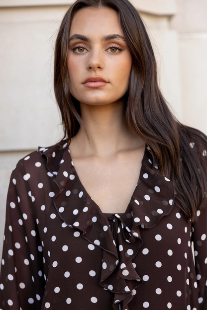 Bohemian Chocolate Polka Dot Sheer Frill Front Blouse