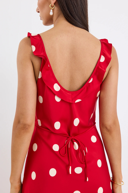 Delightful Cherry Polka Dot Satin Bias Slip Maxi Dress