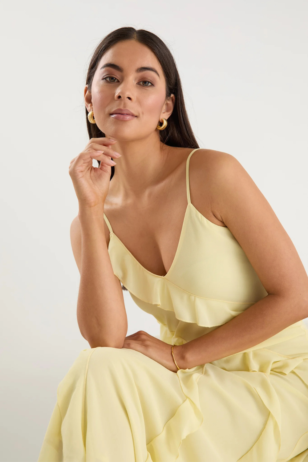 Galore Butter Bias Ruffle Slip Maxi Dress