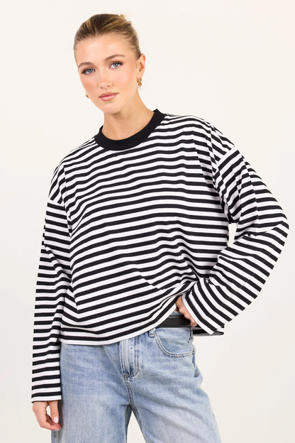 Unite Black White Stripe Long Sleeve Contrast Binding Boxy Tee