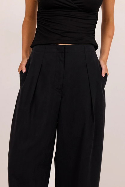 Manifesto Black Front Pleat Barrel Leg Pants