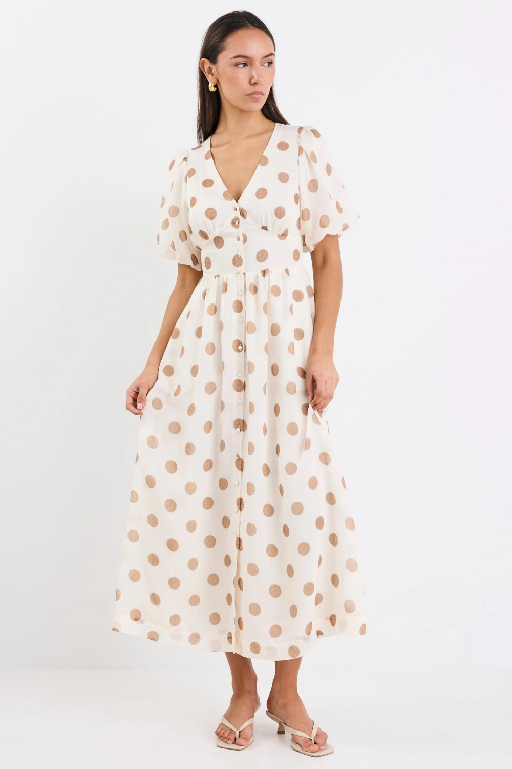 Lisbon Copper Polka Dot Puff Sleeve Midi Dress