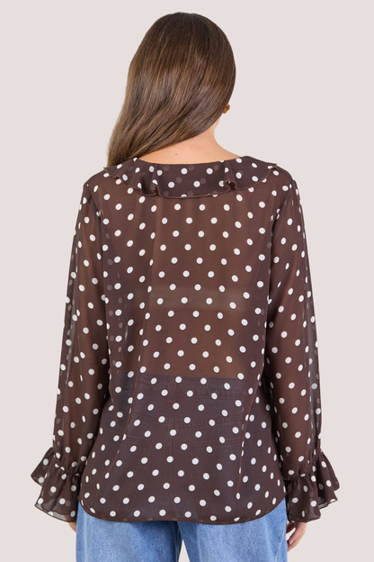 Bohemian Chocolate Polka Dot Sheer Frill Front Blouse