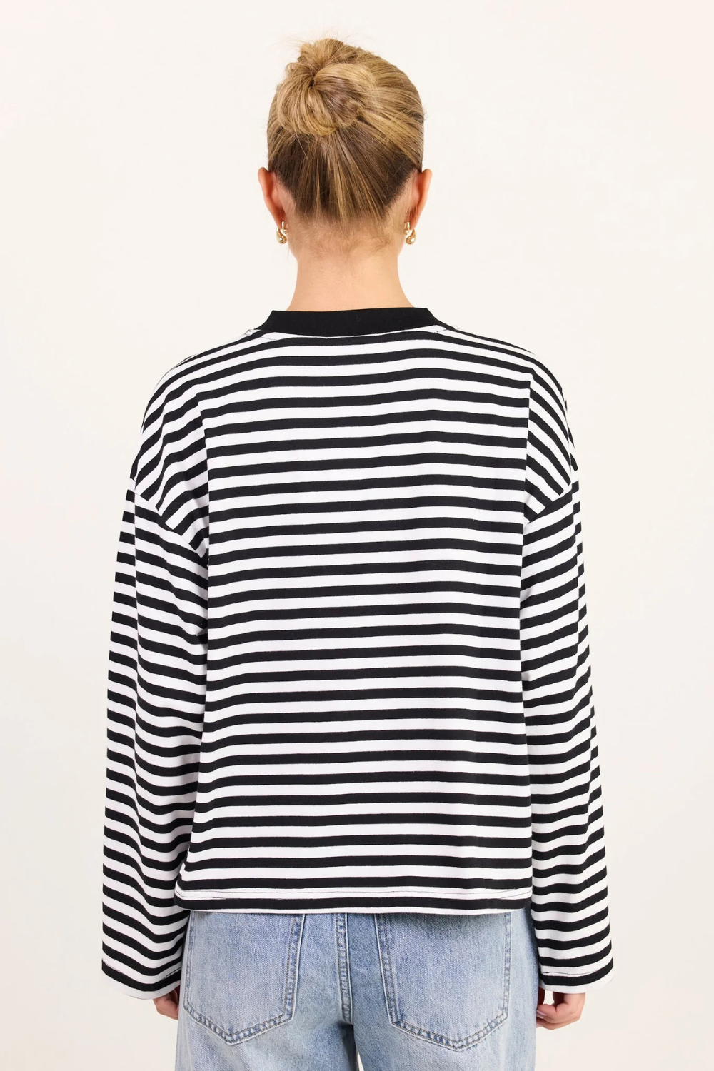 Unite Black White Stripe Long Sleeve Contrast Binding Boxy Tee