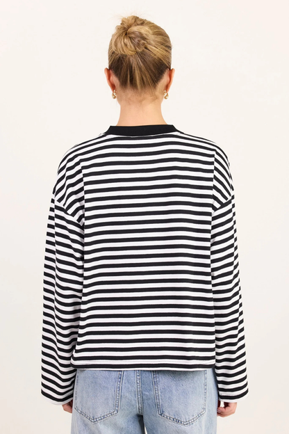Unite Black White Stripe Long Sleeve Contrast Binding Boxy Tee
