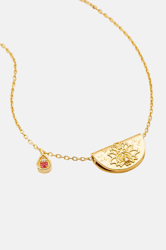 18k Gold Vermeil Lotus Birthstone Necklace - October - Pink Tourmaline