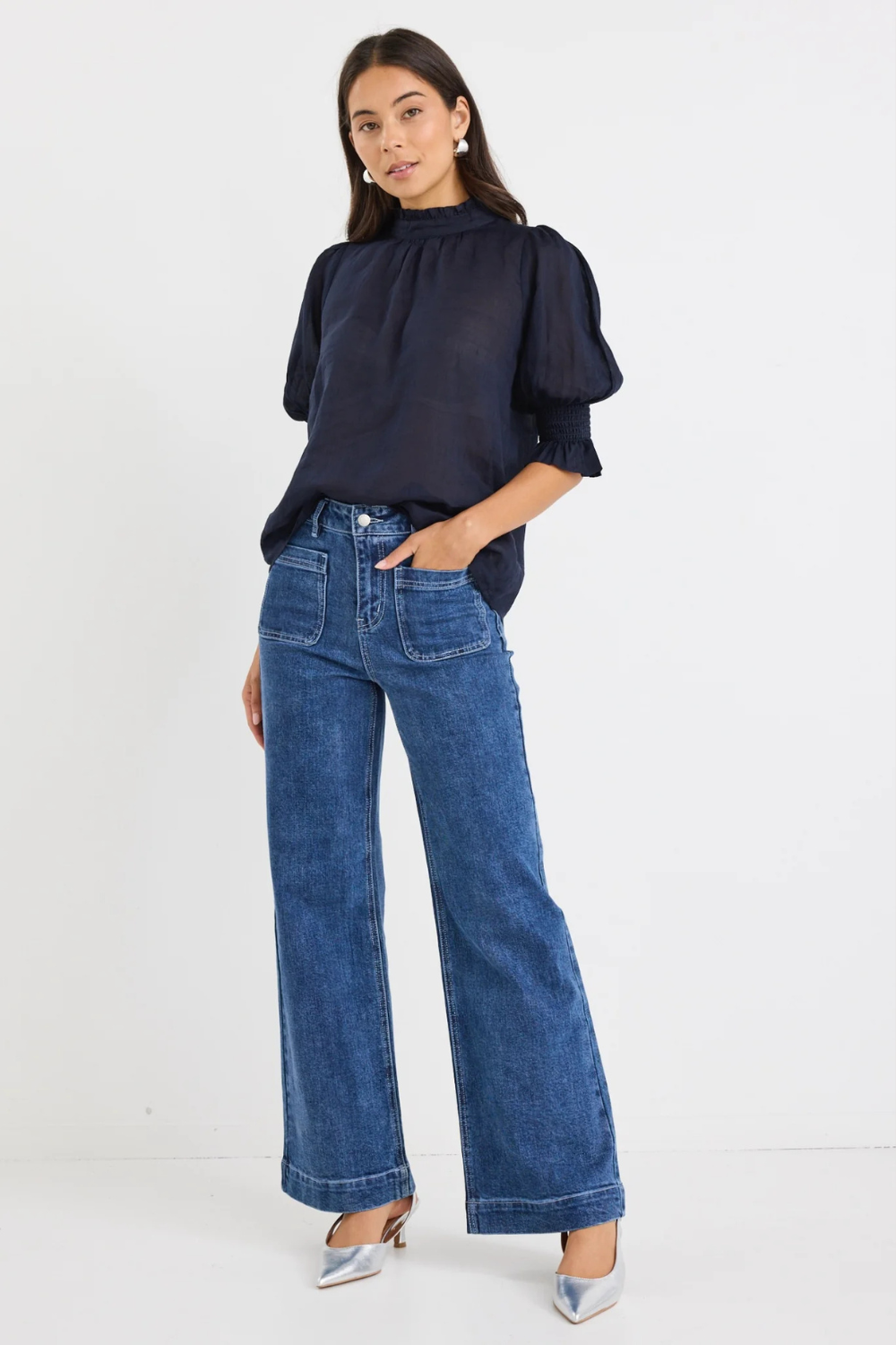 Verse Navy Sheer High Neck Short Sleeve Top