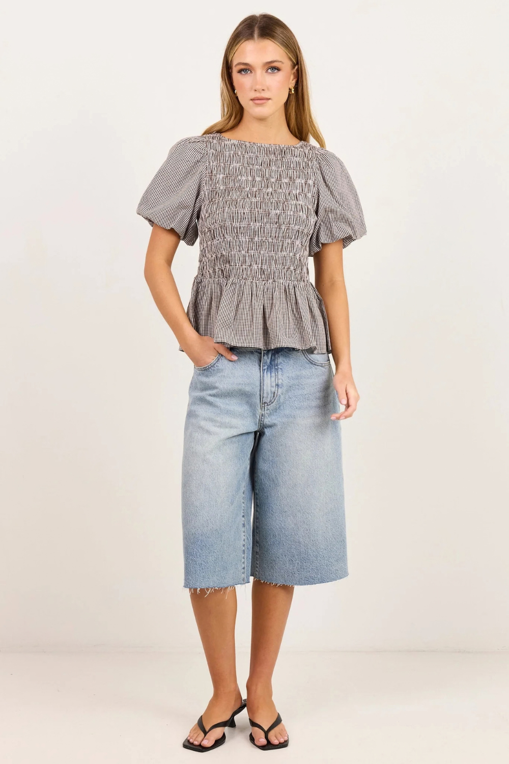 Artifact Chocolate Mini Gingham Shirred Bubble Sleeve Top