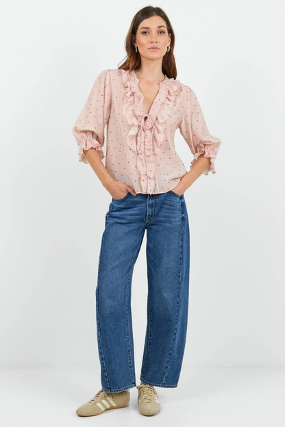 Garnish Blush Polka Dot Frill Front Mid Sleeve Top